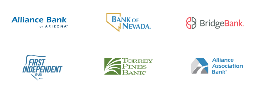 Logo collage of Alliance Bank of Arizona, Bank of Nevada, BridgeBank, First Independent Bank, Torrey Pines Bank, Alliance Association Bank